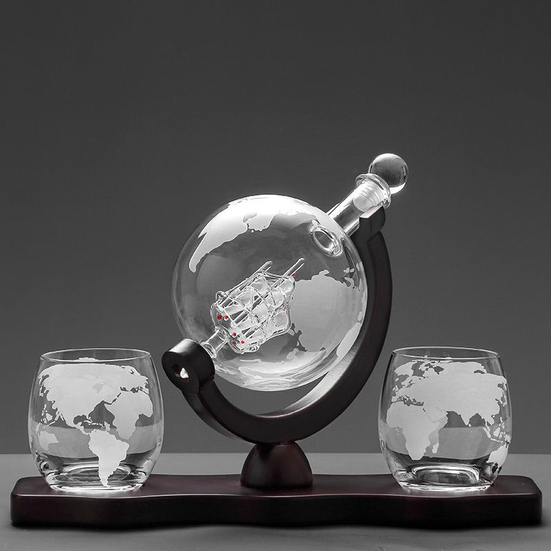 Globe Decanter Set With 2-4 Themed Glasses, Replacement Glasses Are Available for purchase