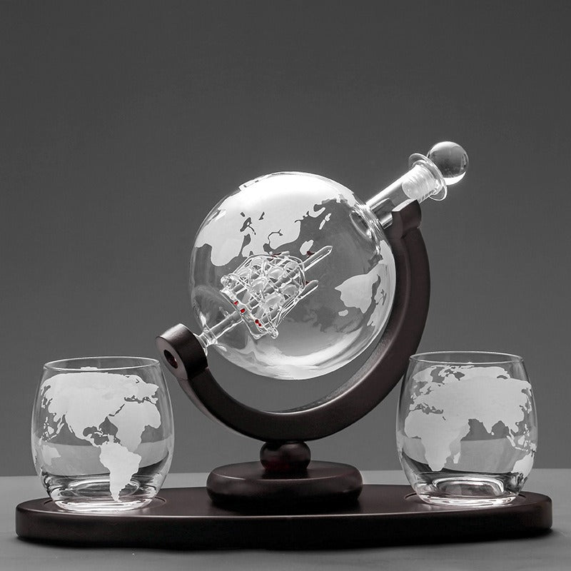 Globe Decanter Set With 2-4 Themed Glasses, Replacement Glasses Are Available for purchase